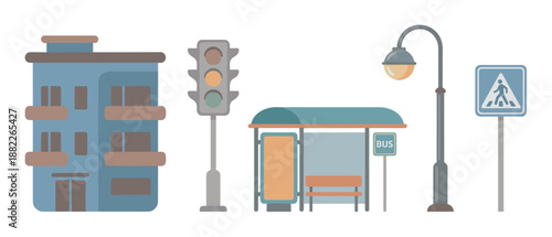 Collection of urban street infrastructure icons showing a building, traffic light, bus stop, lamppost, and road sign in a simple, minimalist flat design graphic style