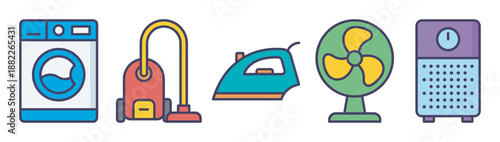 Colorful set of household appliance icons including a washing machine, vacuum cleaner, iron, fan, and air purifier in a simple flat line art illustration style for domestic life concepts