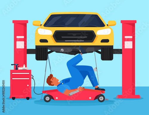 Auto mechanic lying on a creeper while repairing the underside of a car. Flat vector illustration of automotive service and vehicle maintenance.