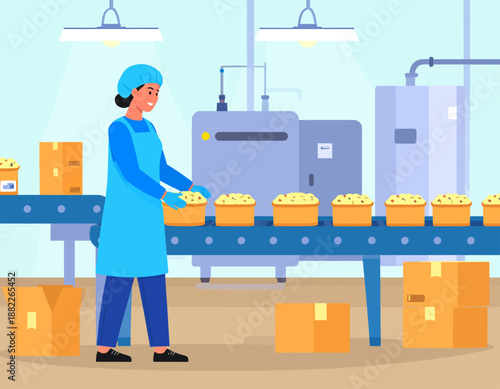 Female worker monitoring a food production conveyor belt in a factory. Flat vector illustration of industrial manufacturing and automation technology.