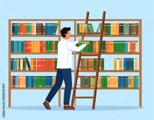 Male librarian or archivist organizing books on a wooden ladder in a library. Flat vector illustration of academic research and bookstore management.