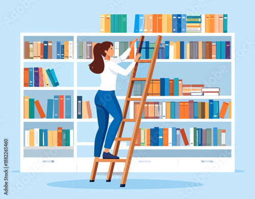 Female librarian organizing books on a high shelf using a ladder in a library. Flat vector illustration of education, literature, and knowledge.