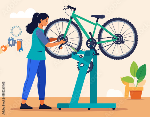 Professional female mechanic repairing a bicycle in a workshop. Flat vector illustration of bike maintenance, service, and technical repair skills.