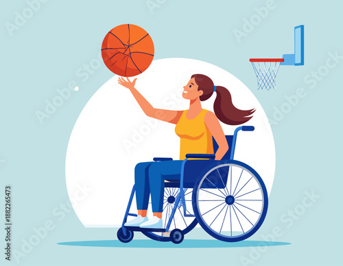 Disabled female athlete in a wheelchair playing basketball and spinning the ball. Flat vector illustration of inclusive sports and determination.
