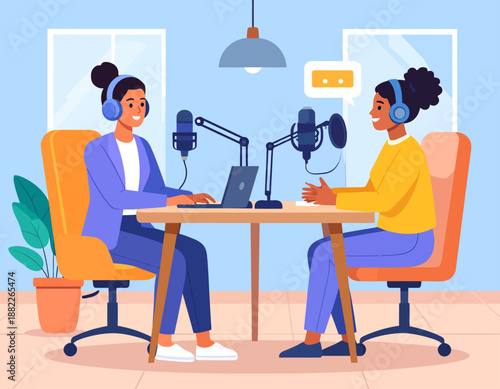 Two diverse women recording a podcast or radio show in a professional studio. Flat vector illustration of digital media, broadcasting, and communication.