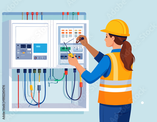 Female electrician working on an electrical panel, checking wiring and circuit breakers with tools.