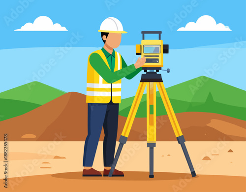 A male surveyor in a hard hat and vest operates a total station on a tripod at a construction site.
