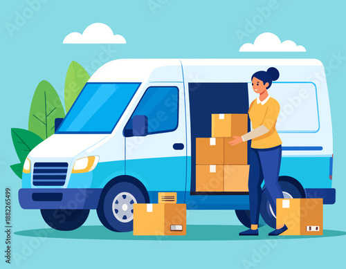 A woman is loading cardboard boxes into a blue and white delivery van, illustrating a package delivery service or logistics operation.