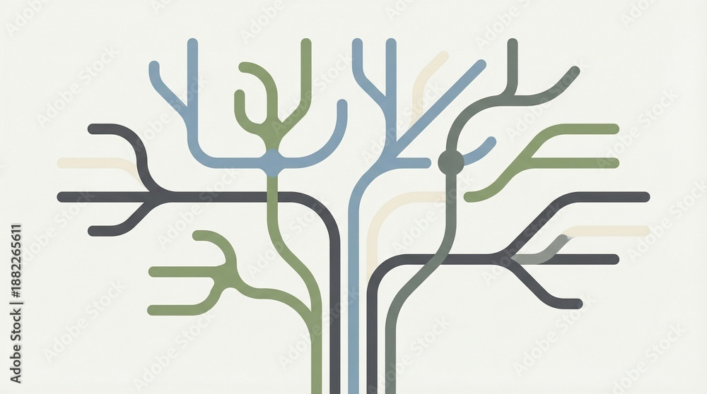 Obraz premium Abstract illustration of a tree-like network with branches in muted greens blues and beige tones, symbolizing growth, connectivity and data networks on a light background