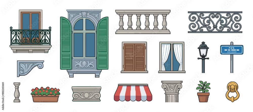 Obraz premium Collection of European architectural elements illustrations featuring classic windows, ornate balconies, shutters, awnings, and street decor in a detailed cartoon vector style