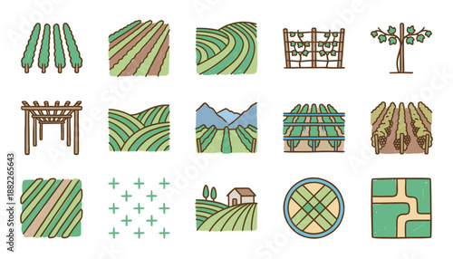 Collection of hand-drawn vineyard icons showing various agricultural elements like grapevines, rolling hills, farmhouses, and trellises in a charming doodle style with earthy colors