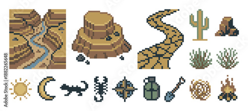 Pixel art desert game asset collection featuring a canyon, river, cactus, scorpion, and campfire, designed in a classic retro 8-bit style for digital world-building