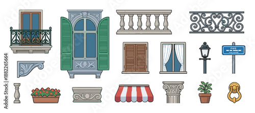 Collection of European architectural elements illustrations featuring classic windows, ornate balconies, shutters, awnings, and street decor in a detailed cartoon vector style