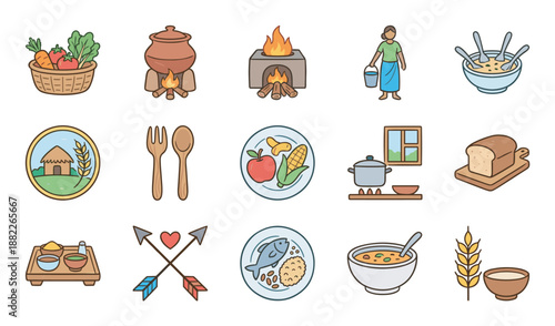 Set of colorful hand-drawn icons depicting rural life, traditional cooking, and natural food elements like vegetables, fish, and grains for a wholesome and rustic theme
