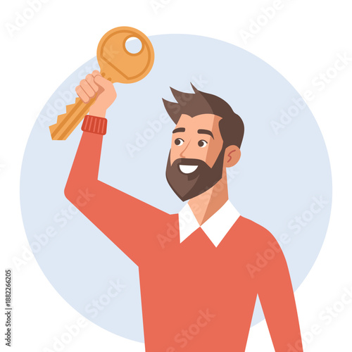 Happy young man holding key to new house or apartment. Business or ownership concept illustration.