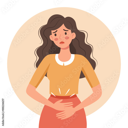 Woman suffering from abdominal pain and discomfort. Healthcare and medicine illustration.