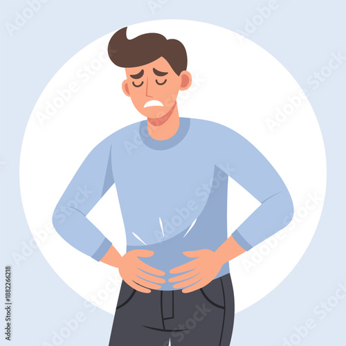 Man suffering from abdominal pain and discomfort. Healthcare and medicine illustration.