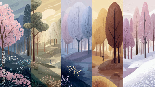 Seasonal landscape collage with trees and flowers changing colors