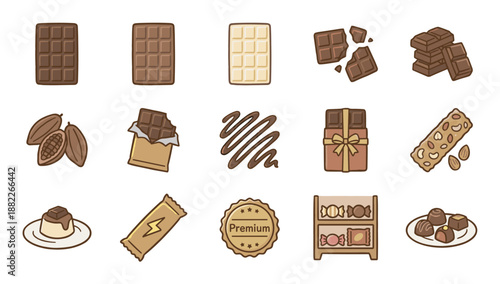 Set of various chocolate dessert icons including bars, pralines, cocoa pods, and candy, illustrated in a cute and simple cartoon style for sweet confectionery concepts