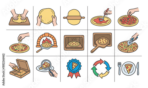 Set of hand-drawn pizza making icons illustrating the step-by-step cooking process from kneading dough to baking in an oven, slicing, delivery, and serving a slice on a plate