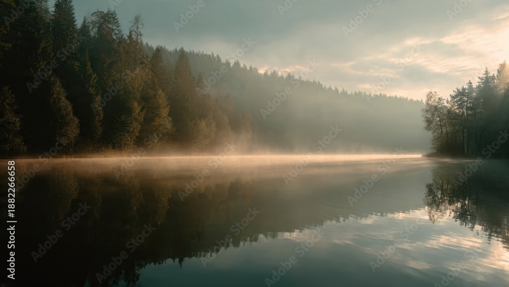 Fototapeta premium Misty Lake Reflection at Sunrise