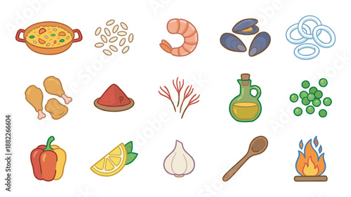 Colorful cartoon icon set of paella ingredients including rice, seafood, chicken, vegetables, olive oil, and spices for a culinary recipe illustration