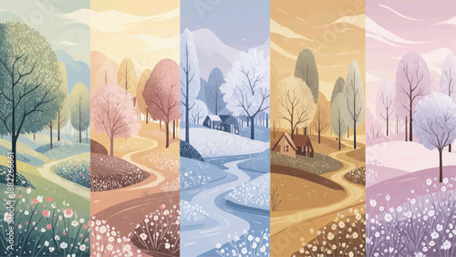 Seasonal landscape collage with trees, flowers, river, and snow in four panels