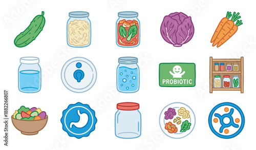 Collection of colorful probiotic food icons showing fermented vegetables like kimchi and sauerkraut, representing gut health, digestion, and a healthy microbiome in a flat cartoon style