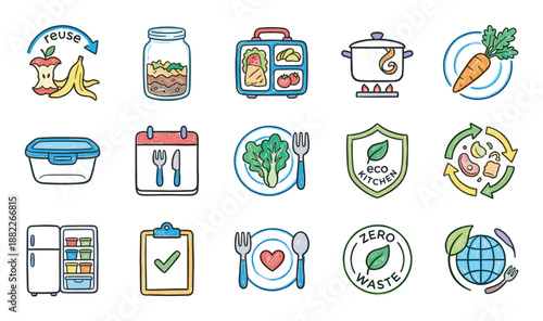 Set of colorful hand-drawn icons representing zero waste, sustainability, eco-friendly kitchen practices, food recycling, meal prep, and conscious consumption concepts