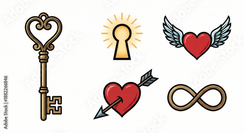 Vector set of romantic and mysterious symbols hearts, old key, glowing keyhole, and infinity sign
