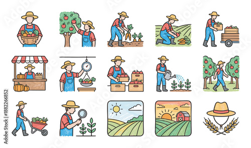 Collection of hand-drawn farmer icons showing agricultural activities like harvesting vegetables, picking apples, watering plants, and selling produce at a local market stall