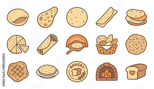 Collection of cute bread and bakery icons in a charming hand-drawn doodle style, featuring various flatbreads, loaf, burrito, and a brick oven for baking concepts