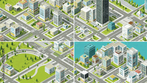 Aerial view of a cityscape with buildings and greenery in daytime