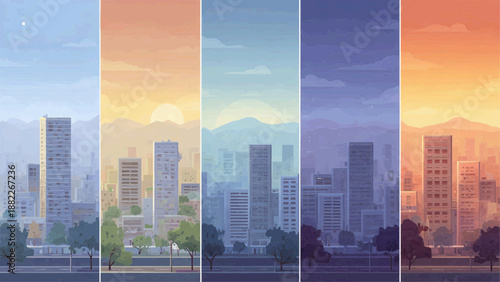 Cityscape with skyscrapers and trees under colorful sunset