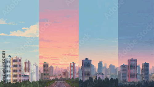 A serene cityscape at sunset with buildings and trees under a colorful sky