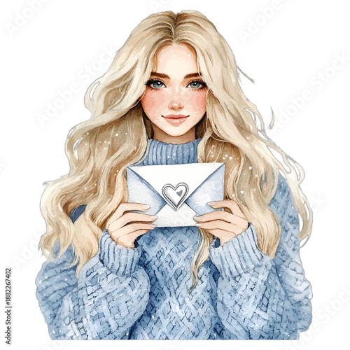 Blonde Woman in Blue Sweater Holding Love Letter Illustration
