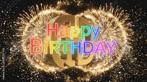 Wallpaper Mural Colorful Happy Birthday text with sparkling fireworks on a black background with gold accents and heart shape. Torontodigital.ca