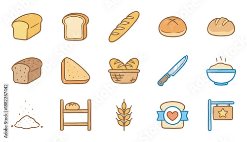 Set of cute hand-drawn bread icons showing various baked goods like a loaf, slice, baguette, bun, and baking elements like flour, wheat, and a knife in a simple doodle style