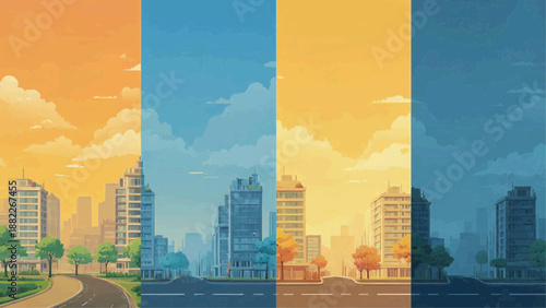 A vibrant cityscape unfolds with buildings, trees, and roads under various colorful skies.