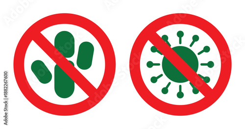 Two green virus icons with red prohibition signs on a white background