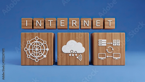 Modern internet technology concept with wooden blocks and icons