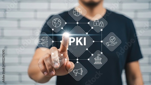 Man interacting with Public Key Infrastructure PKI network security concept