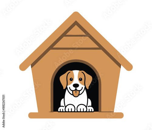 A happy dog sitting in a cozy doghouse on a white background