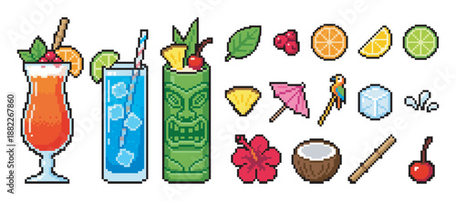 Pixel art tropical cocktail and garnish set with a tiki mug, orange drink, and blue lagoon, featuring fruit slices, hibiscus, and a parrot stirrer for a retro video game aesthetic