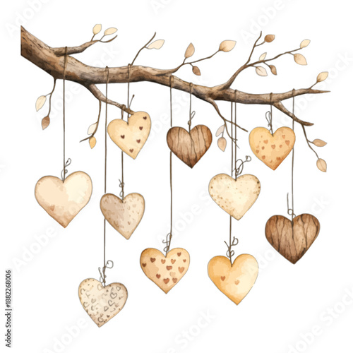 Rustic Watercolor Hanging Hearts Decoration on Wooden Branch Vector Illustration
