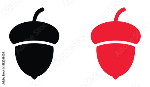 Two colorful acorn icons in black and red on a white background