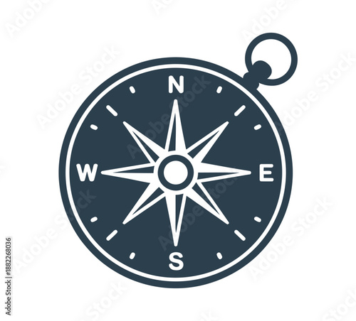A dark blue compass with a white starburst design on a plain white background