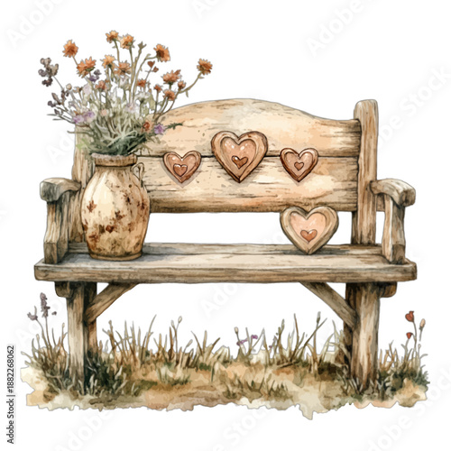 Rustic Wooden Bench with Wildflowers and Decorative Hearts Vector Illustration

