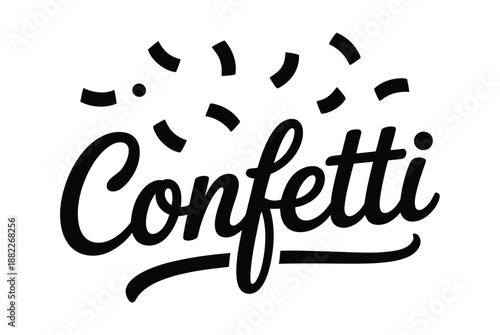 A stylized black confetti logo on a white background with festive curved lines