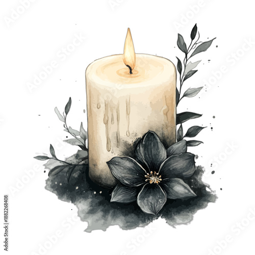 Elegant monochrome watercolor candle with black flowers and leaves vector illustration

